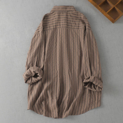 Buddha Stones Spring Fall Casual Vintage Button-Up Striped Women's Long Sleeve Shirts With Patch Pocket - image 1
