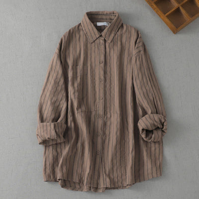 Buddha Stones Spring Fall Casual Vintage Button-Up Striped Women's Long Sleeve Shirts With Patch Pocket - Sienna - US8-10, UK/AU12-14, EU40-42 (2XL) - image 0