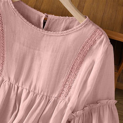 Buddha Stones Summer Casual Elegant Solid Crew Neck Lace Trim Women's Short Sleeve T-Shirts - image 5