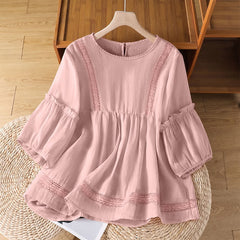 Buddha Stones Summer Casual Elegant Solid Crew Neck Lace Trim Women's Short Sleeve T-Shirts - LightPink - US8-10, UK/AU12-14, EU40-42 (2XL) - image 0