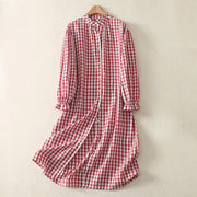 Foviel Spring Casual Vintage Button-Up Gingham Women's Long Sleeve Dress With Pockets