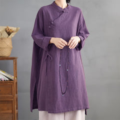 Buddha Stones Spring Fall Tang Style Vintage Mandarin Collar Frog Button Solid Women's Long Sleeve Shirts - Purple - US8-10, UK/AU12-14, EU40-42 (2XL) - image 0