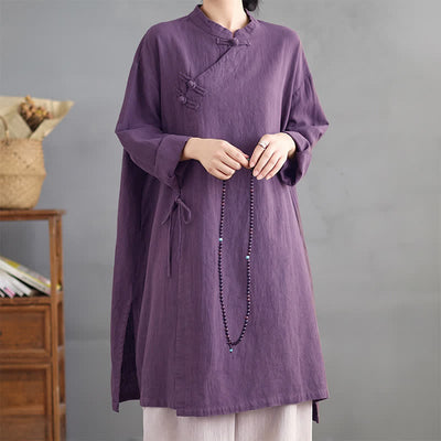 Buddha Stones Spring Fall Tang Style Vintage Mandarin Collar Frog Button Solid Women's Long Sleeve Shirts - Purple - US8-10, UK/AU12-14, EU40-42 (2XL) - image 0