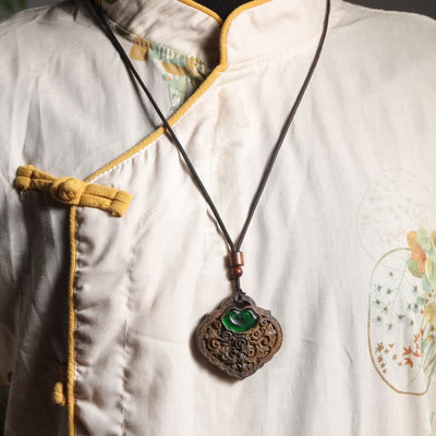 Buddha Stones Hand-Carved Sappanwood Green Agate Luck Lock of Good Wishes Necklace - image 5