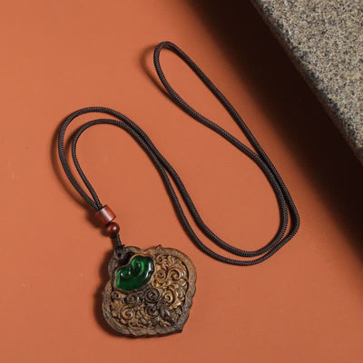 Buddha Stones Hand-Carved Sappanwood Green Agate Luck Lock of Good Wishes Necklace - image 2