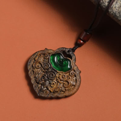 Buddha Stones Hand-Carved Sappanwood Green Agate Luck Lock of Good Wishes Necklace - image 3