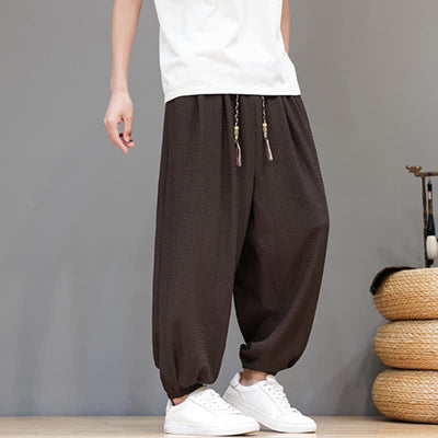 Buddha Stones Spring Fall Casual Boho Drawstring Solid Cropped Pants Men's Harem Pants With Pocket - image 5