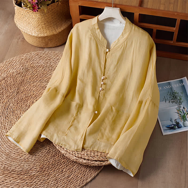 Buddha Stones Spring Fall Tang Style Casual Crew Neck Solid Women's Long Sleeve Shirts With Pocket - image 1