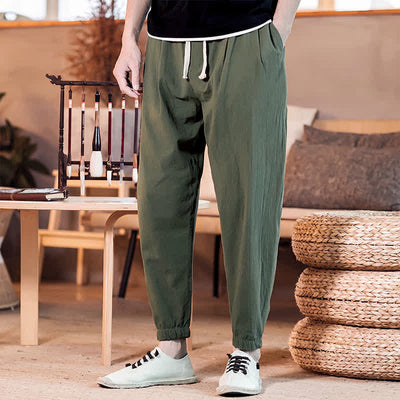 Buddha Stones Spring Summer Casual Minimalist Drawstring Solid Cropped Pants Men's Tapered Pants With Pocket - DarkOliveGreen - US/UK/AU46, EU56 (5XL) - image 36