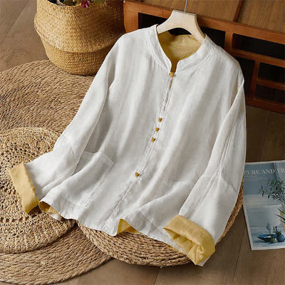 Buddha Stones Spring Fall Tang Style Casual Crew Neck Solid Women's Long Sleeve Shirts With Pocket - Khaki - US14, UK/AU18, EU46 (2XL) - image 0