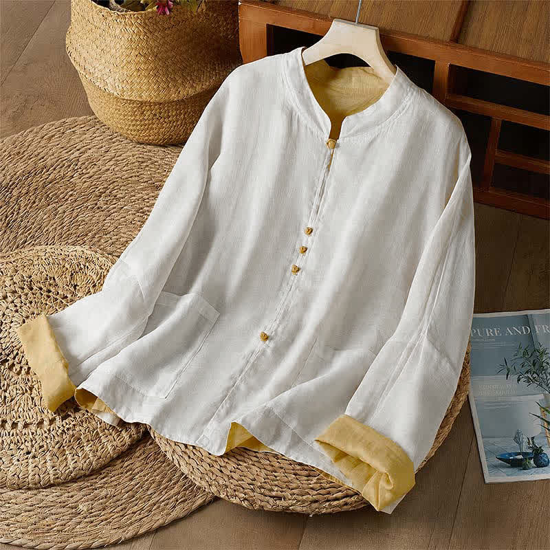 Buddha Stones Spring Fall Tang Style Casual Crew Neck Solid Women's Long Sleeve Shirts With Pocket - Khaki - US14, UK/AU18, EU46 (2XL) - image 0