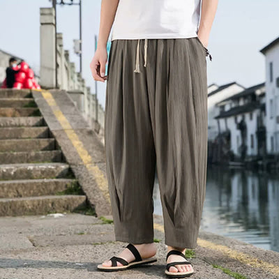 Buddha Stones Summer Casual Drawstring Solid Cropped Pants Men's Straight Leg Pants With Pocket - image 2
