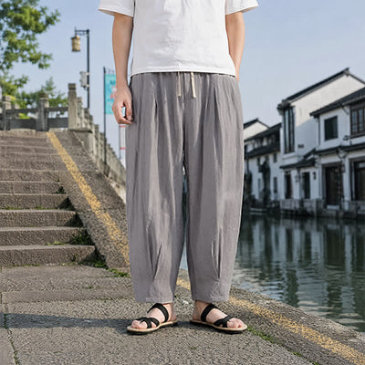 Buddha Stones Summer Casual Drawstring Solid Cropped Pants Men's Straight Leg Pants With Pocket - image 12