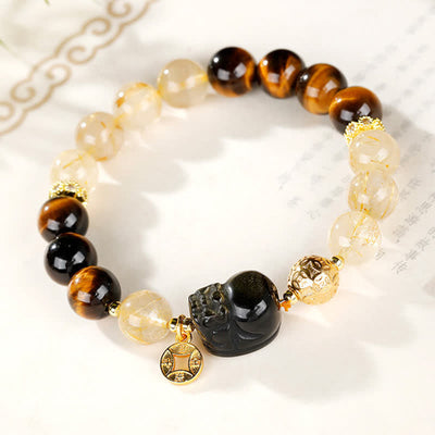 Buddha Stones Feng Shui Tiger Eye Pi Xiu Golden Rutilated Quartz Wealth Beaded Bracelet - image 1
