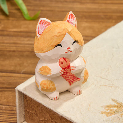 Buddha Stones Natural Wood Hand Painted Lucky Cat Wealth Cute Animal Decor - image 2