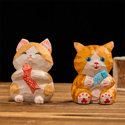 Buddha Stones Natural Wood Hand Painted Lucky Cat Wealth Cute Animal Decor - image 10