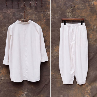 Buddha Stones 2Pcs Spring Summer Tang Style Mandarin Collar Shirt Pants Embroidery Solid Cotton Men's Meditation Cloth - image 6