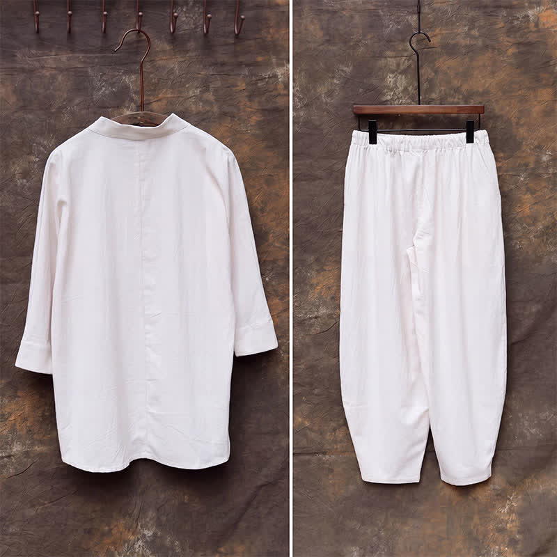 Buddha Stones 2Pcs Spring Summer Tang Style Mandarin Collar Shirt Pants Embroidery Solid Cotton Men's Meditation Cloth - image 6