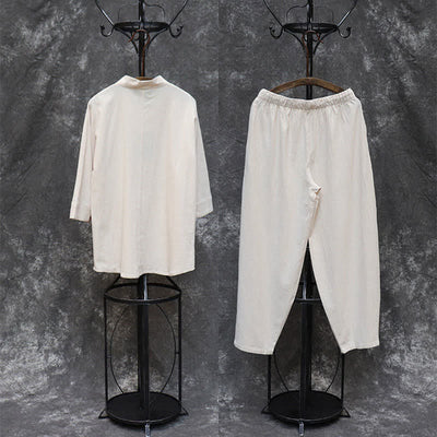 Buddha Stones 2Pcs Spring Summer Tang Style Mandarin Collar Shirt Pants Embroidery Solid Cotton Men's Meditation Cloth - image 2