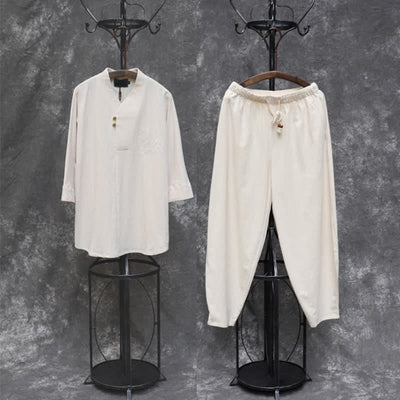 Buddha Stones 2Pcs Spring Summer Tang Style Mandarin Collar Shirt Pants Embroidery Solid Cotton Men's Meditation Cloth - image 1