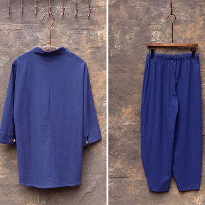 Buddha Stones 2Pcs Spring Summer Tang Style Mandarin Collar Shirt Pants Embroidery Solid Cotton Men's Meditation Cloth - image 20
