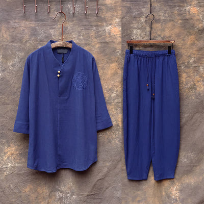 Buddha Stones 2Pcs Spring Summer Tang Style Mandarin Collar Shirt Pants Embroidery Solid Cotton Men's Meditation Cloth - image 19