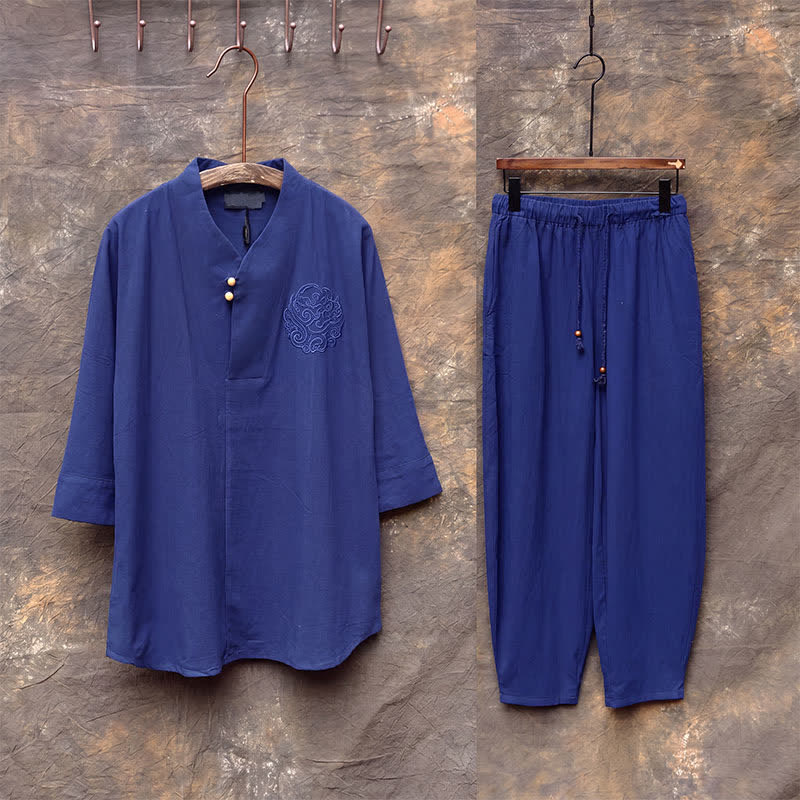 Buddha Stones 2Pcs Spring Summer Tang Style Mandarin Collar Shirt Pants Embroidery Solid Cotton Men's Meditation Cloth - image 19