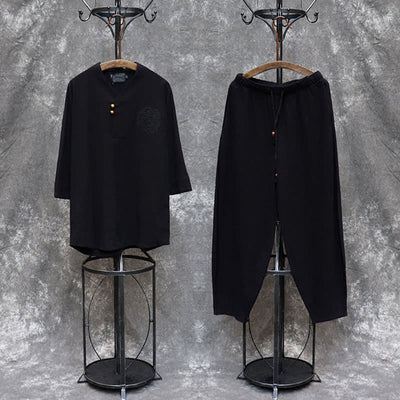 Buddha Stones 2Pcs Spring Summer Tang Style Mandarin Collar Shirt Pants Embroidery Solid Cotton Men's Meditation Cloth - image 24