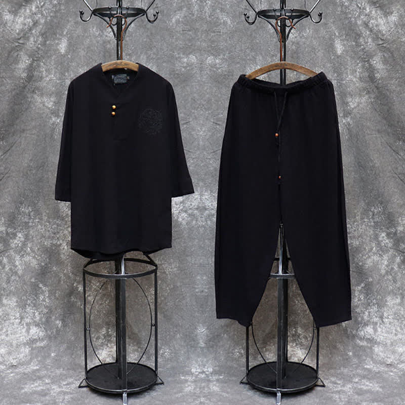 Buddha Stones 2Pcs Spring Summer Tang Style Mandarin Collar Shirt Pants Embroidery Solid Cotton Men's Meditation Cloth - image 24