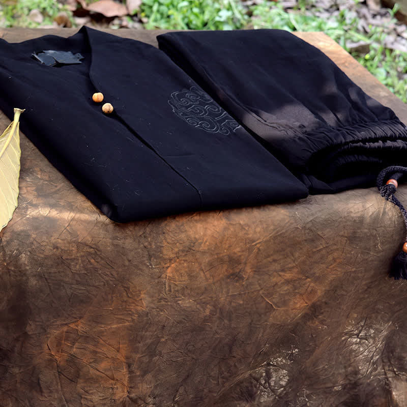 Buddha Stones 2Pcs Spring Summer Tang Style Mandarin Collar Shirt Pants Embroidery Solid Cotton Men's Meditation Cloth - image 26