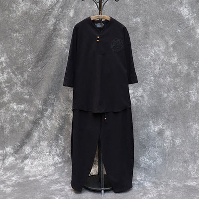 Buddha Stones 2Pcs Spring Summer Tang Style Mandarin Collar Shirt Pants Embroidery Solid Cotton Men's Meditation Cloth - image 23