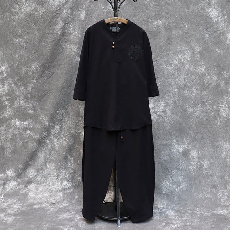Buddha Stones 2Pcs Spring Summer Tang Style Mandarin Collar Shirt Pants Embroidery Solid Cotton Men's Meditation Cloth - image 23