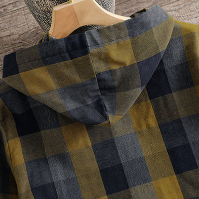Buddha Stones Fall Casual Vintage Button-Up Drawstring Plaid Women's Hoodies With Pocket - image 3