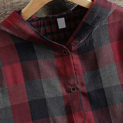 Buddha Stones Fall Casual Vintage Button-Up Drawstring Plaid Women's Hoodies With Pocket - image 26