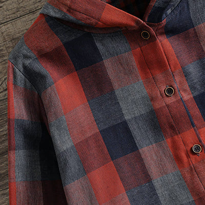 Buddha Stones Fall Casual Vintage Button-Up Drawstring Plaid Women's Hoodies With Pocket - image 37