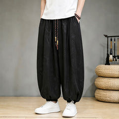Buddha Stones Spring Summer Casual Tang Style Drawstring Dragon Cropped Pants Men's Harem Pants With Pocket - Black - US/UK/AU46, EU56 (5XL) - image 0