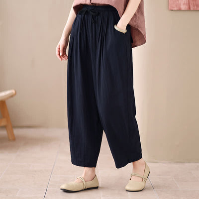 Buddha Stones Spring Summer Casual Minimalist Drawstring Solid Cropped Pants Women's Harem Pants With Pocket - Navy - US4-6, UK/AU8-10, EU36-38 (F) - image 4