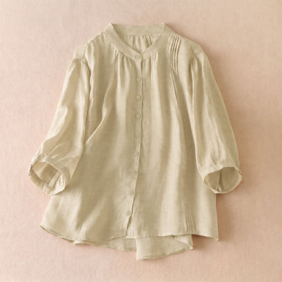Buddha Stones Summer Classic Simple Button-Up Solid Women's Short Sleeve Shirts - Beige - US8-10, UK/AU12-14, EU40-42 (2XL) - image 8
