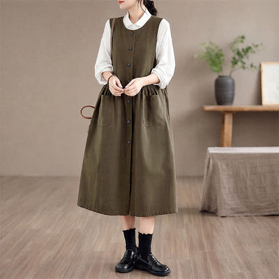 Buddha Stones Summer Casual Minimalist Button-Up Solid Women's Summer Sleeveless Dress With Pocket - image 2