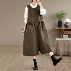 Buddha Stones Summer Casual Minimalist Button-Up Solid Women's Summer Sleeveless Dress With Pocket - DarkOliveGreen - US8-10, UK/AU12-14, EU40-42 (XL) - image 0