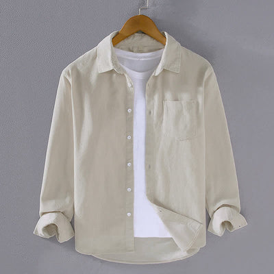 Buddha Stones Fall Winter Casual Patch Pocket Solid Cotton Men's Long Sleeve Shirts With Pocket - Ivory - US/UK/AU44, EU54 (4XL) - image 2