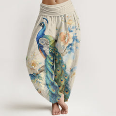 Buddha Stones Cotton Peacock Floral Pattern Women's Elastic Waist Harem Pants - Ivory - US16，UK/AU20，EU48 (3XL) - image 0