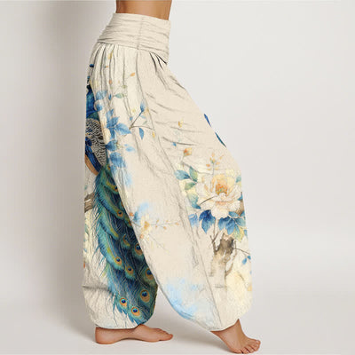 Buddha Stones Cotton Peacock Floral Pattern Women's Elastic Waist Harem Pants - image 1