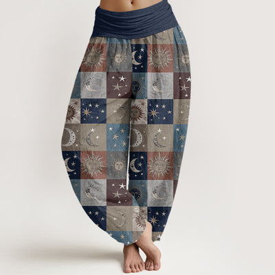 Buddha Stones Cotton Sun Moon Patchwork Pattern Women's Elastic Waist Harem Pants - Navy - US16，UK/AU20，EU48 (3XL) - image 5