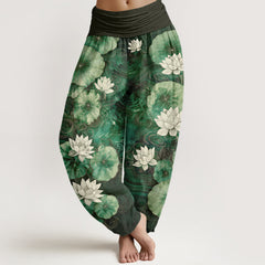 Buddha Stones Cotton Lotus Pond Pattern Women's Elastic Waist Harem Pants - SeaGreen - US16，UK/AU20，EU48 (3XL) - image 0