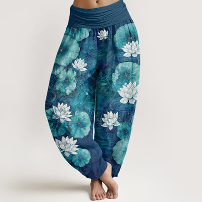 Buddha Stones Cotton Lotus Pond Pattern Women's Elastic Waist Harem Pants - Teal - US16，UK/AU20，EU48 (3XL) - image 5