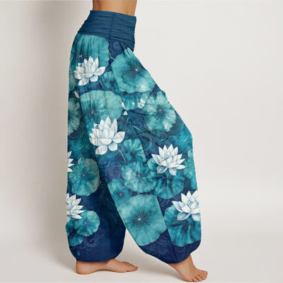 Buddha Stones Cotton Lotus Pond Pattern Women's Elastic Waist Harem Pants - image 6