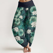 Foviel Cotton Lotus Pond Pattern Women's Elastic Waist Harem Pants