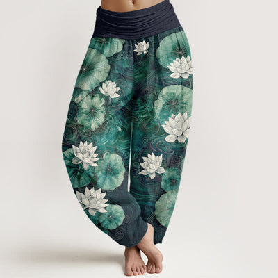 Buddha Stones Cotton Lotus Pond Pattern Women's Elastic Waist Harem Pants - Navy - US16，UK/AU20，EU48 (3XL) - image 8