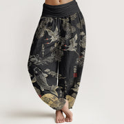 Foviel Cotton Crane Koi Fish Cloud Muster Damen elastische Taille Harem Hose